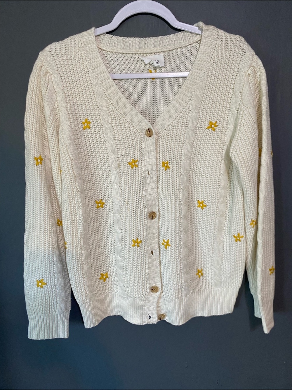 Cream Cable-Knit V-Neck Cardigan with Yellow Floral Accents